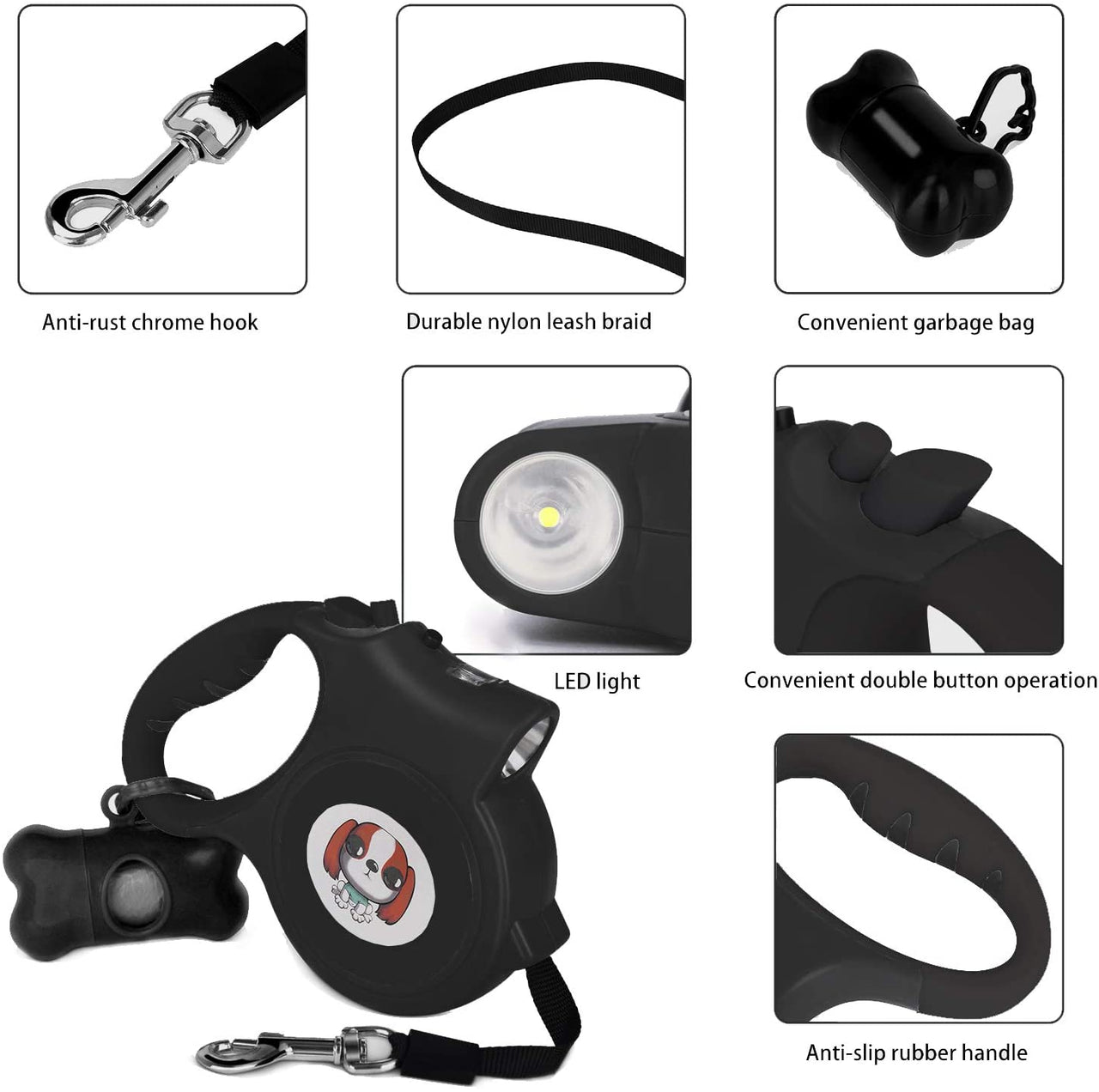 Savoy - LED Lighted Retractable Nylon Dog Leash - Black -