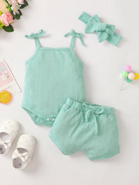 Thumbnail for Baby Girl Waffle-Knit Tie-Shoulder Top and Shorts Set with Headband - 3 PCS - T - 2 COLORS -