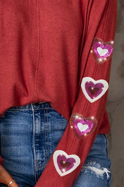 Heart Sequin Round Neck Long Sleeve T-Shirt - T - 1 COLOR -