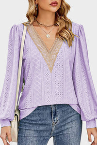 Thumbnail for Eyelet V-Neck Long Sleeve Blouse - T - 7 COLORS -