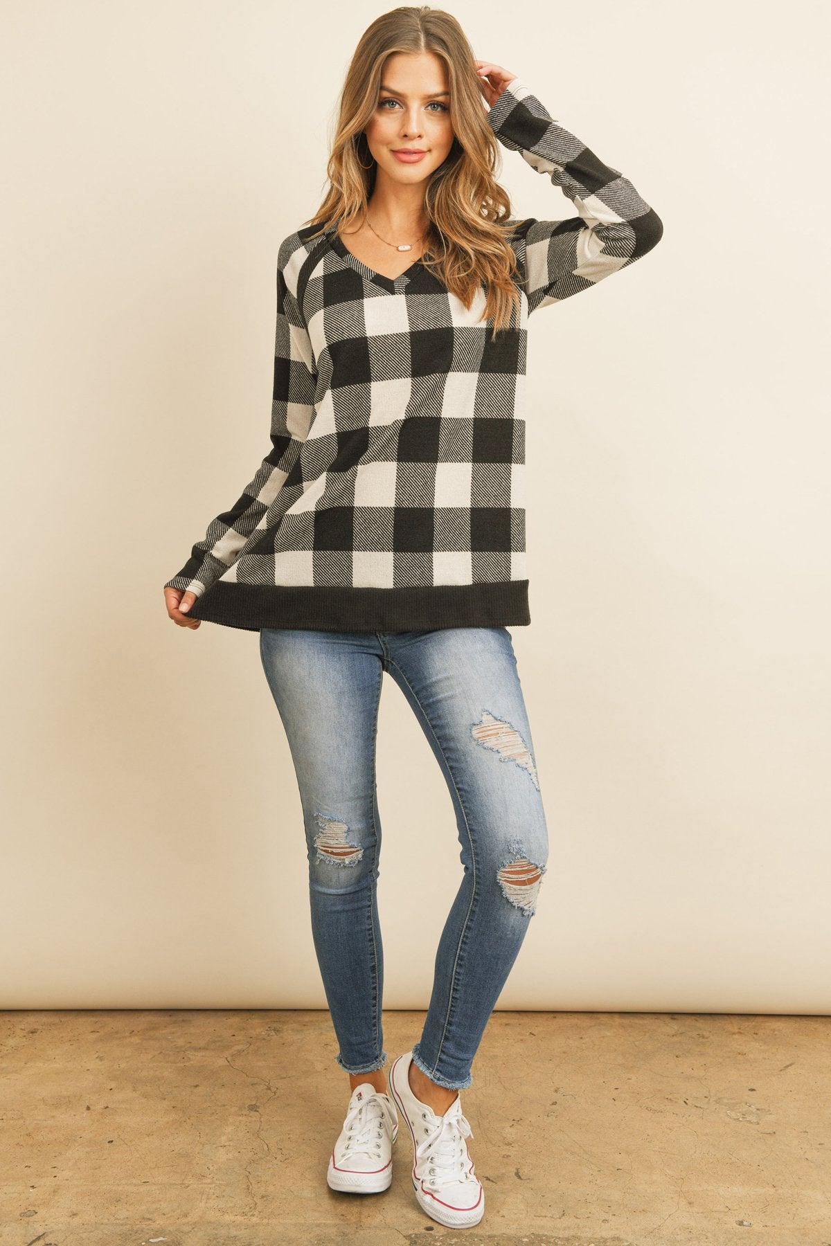 Riah Fashion - Checker Plaid V-Neck Long Sleeve Top - 2 COLORS -