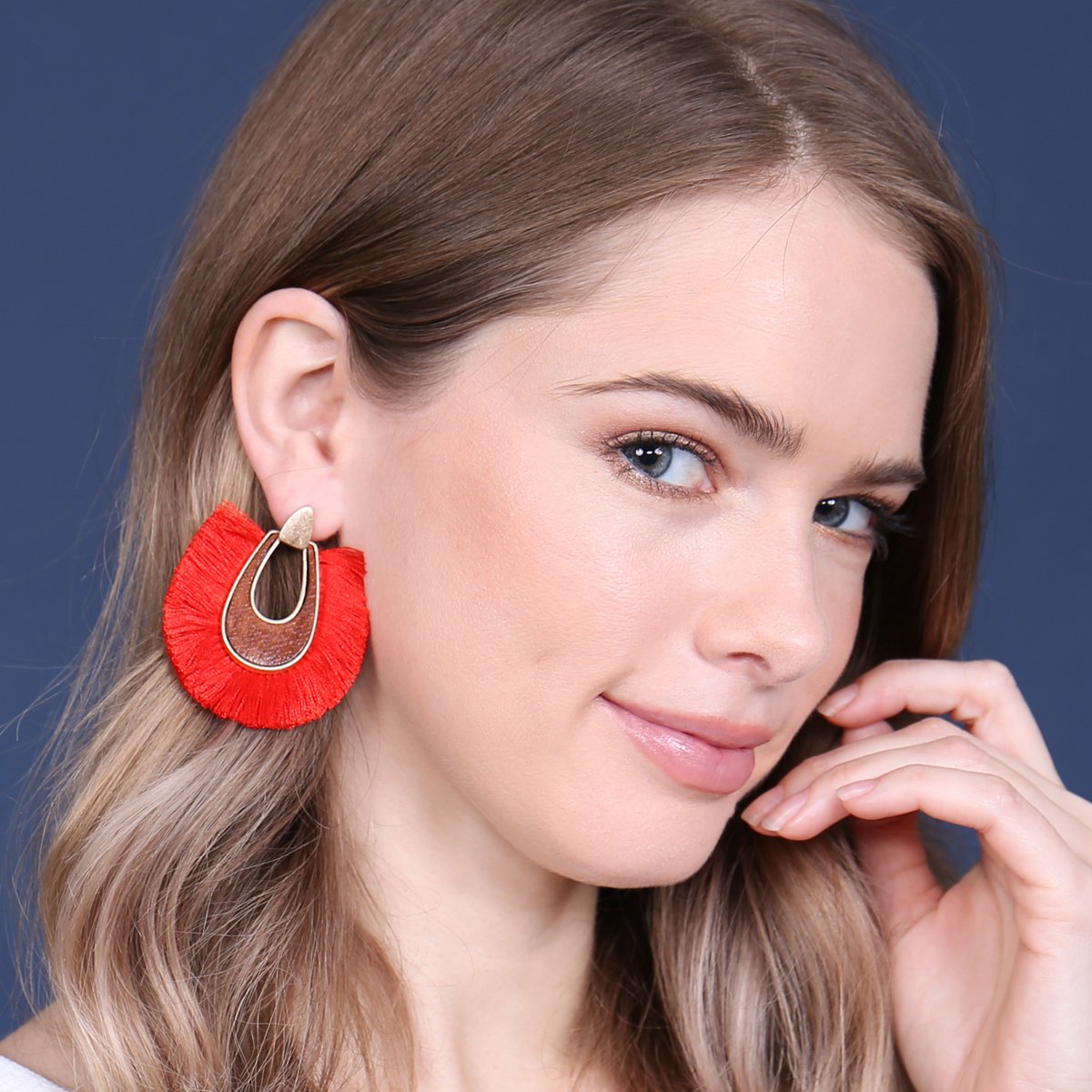 Wood With Thread Tassel Post Earrings - 11 COLORS -