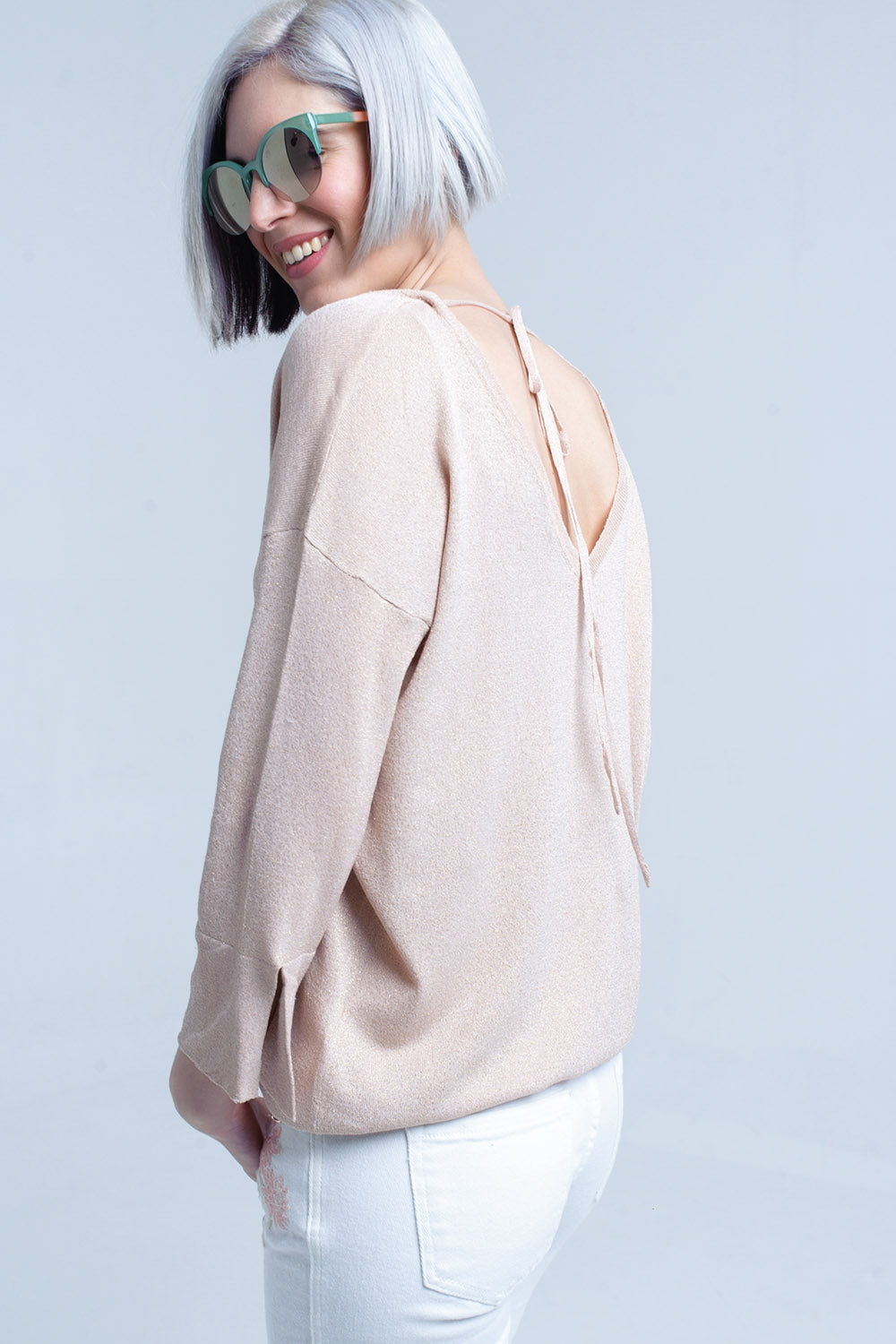 Q2 - Pink Knit Sweater With Gold Lurex Detail - 1 COLOR -