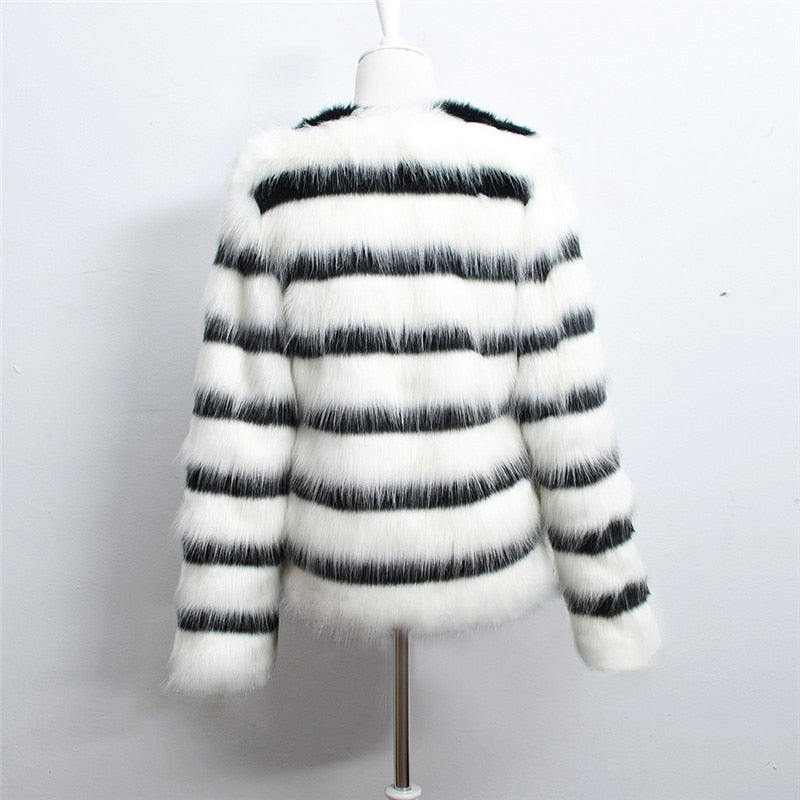 Sharon Tatem - Black and White Striped Faux Fur Coat Fur Coat - Elegant Fur Coat - Long Sleeve Collarless Casual -