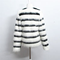 Thumbnail for Sharon Tatem - Black and White Striped Faux Fur Coat Fur Coat - Elegant Fur Coat - Long Sleeve Collarless Casual -