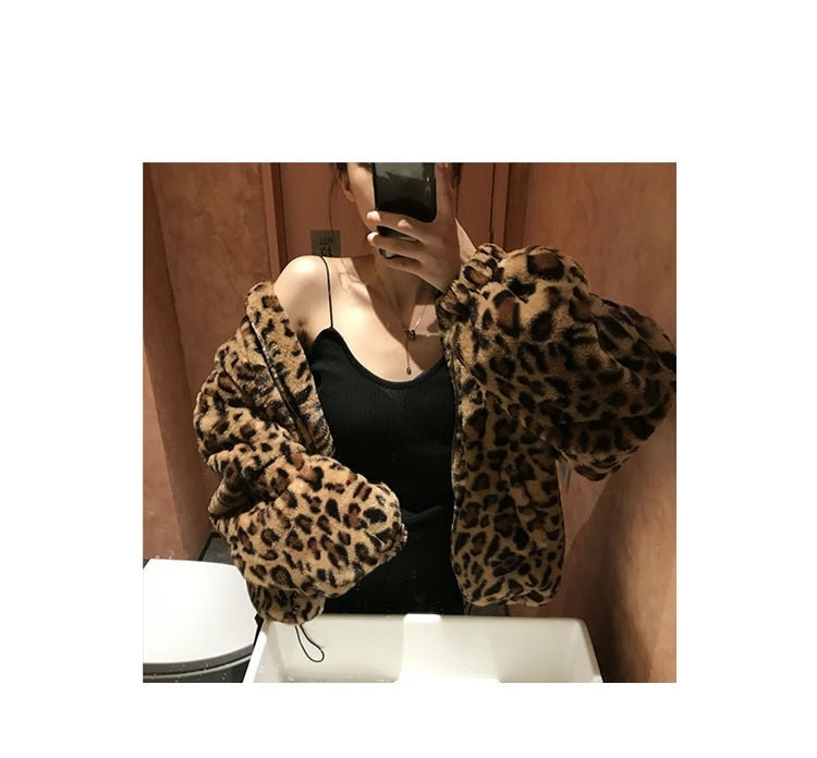 Sharon Tatem - Winter Leopard Print - Stand Collar - Warm Parka - Loose Faux Fur -