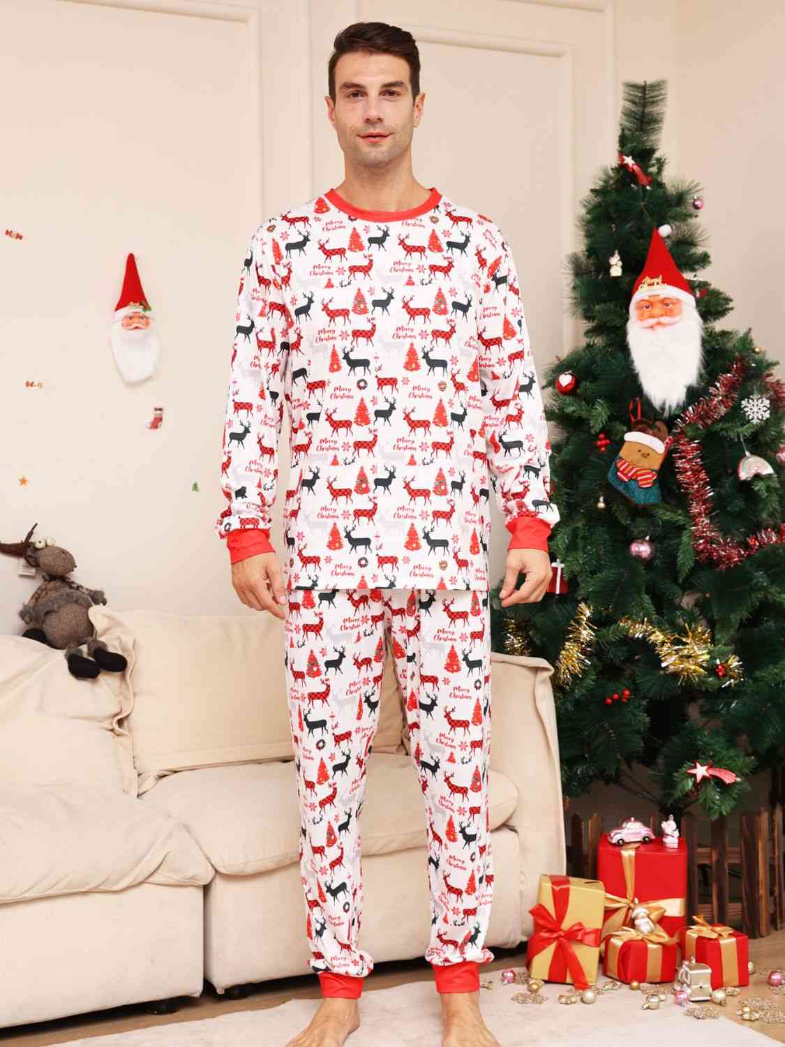 MEN Full Size Reindeer Print Top and Pants Set - T -