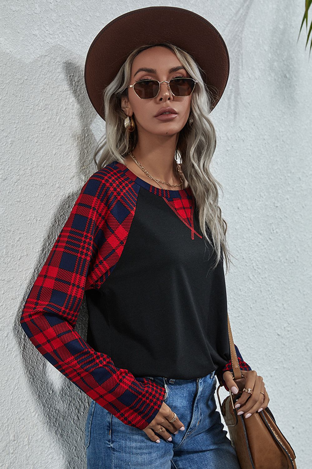 Plaid Print Long Raglan Sleeve Tee - T - 1 COLOR -