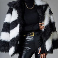 Thumbnail for Sharon Tatem - Black Faux Rabbit Fur Coat - Artificial Fur Stitching - Turn-Down Collar - Plush Over Coat -