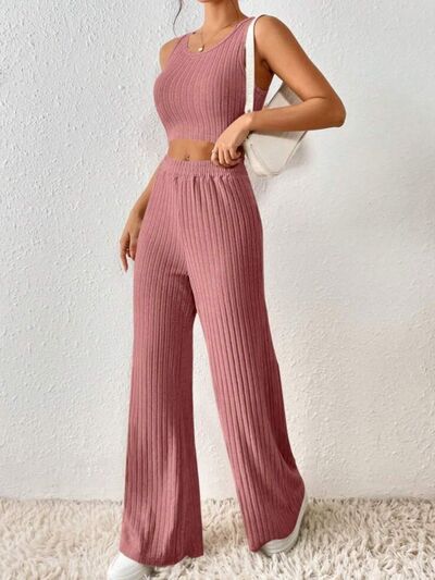 Ribbed Round Neck Tank and Pants Cropped Sweater Set - 2 PCS. - T - 5 COLORS -