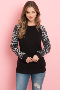 Thumbnail for Riah Fashion - Leopard Sleeve Elbow Patch Sweater - 1 COLOR -