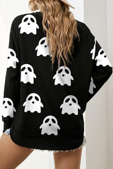 Ghost Print Slit Round Neck Sweatshirt - T - 1 COLOR -