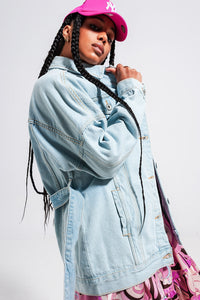 Thumbnail for Q2 - Longline Denim Jacket With Belt in Light Blue Wash - 1 COLOR -