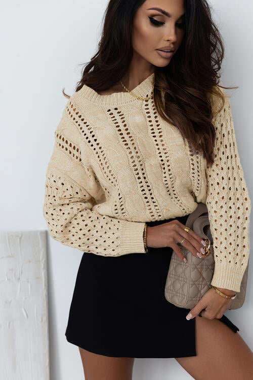 Full Size Openwork Cable-Knit Round Neck Knit Sweater - T - 1 COLOR -