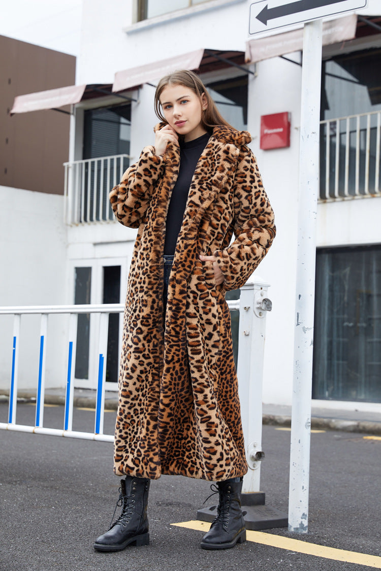 Sharon Tatem - Faux Fur - Leopard Print - Rabbit Tailored Collar - Warm Thick X-Long Coat Long Sleeve Jacket -