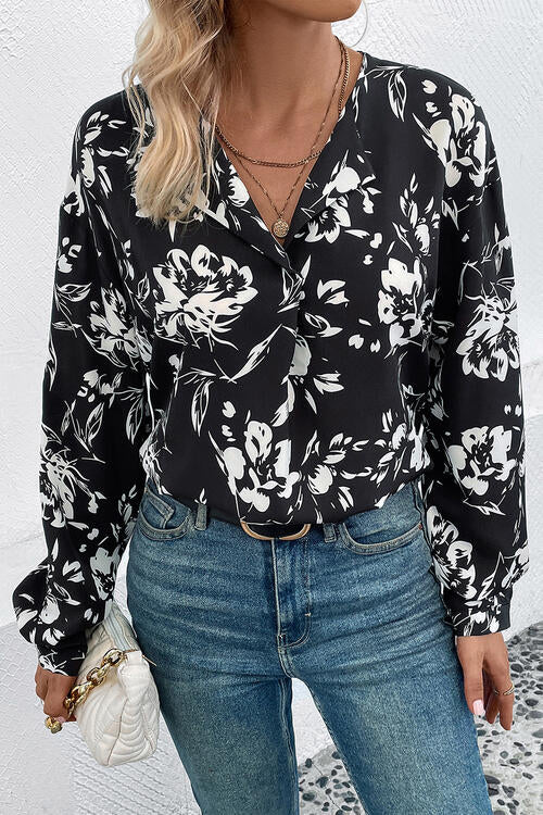 Floral Collared Neck Long Sleeve Top - T - 1 COLOR -