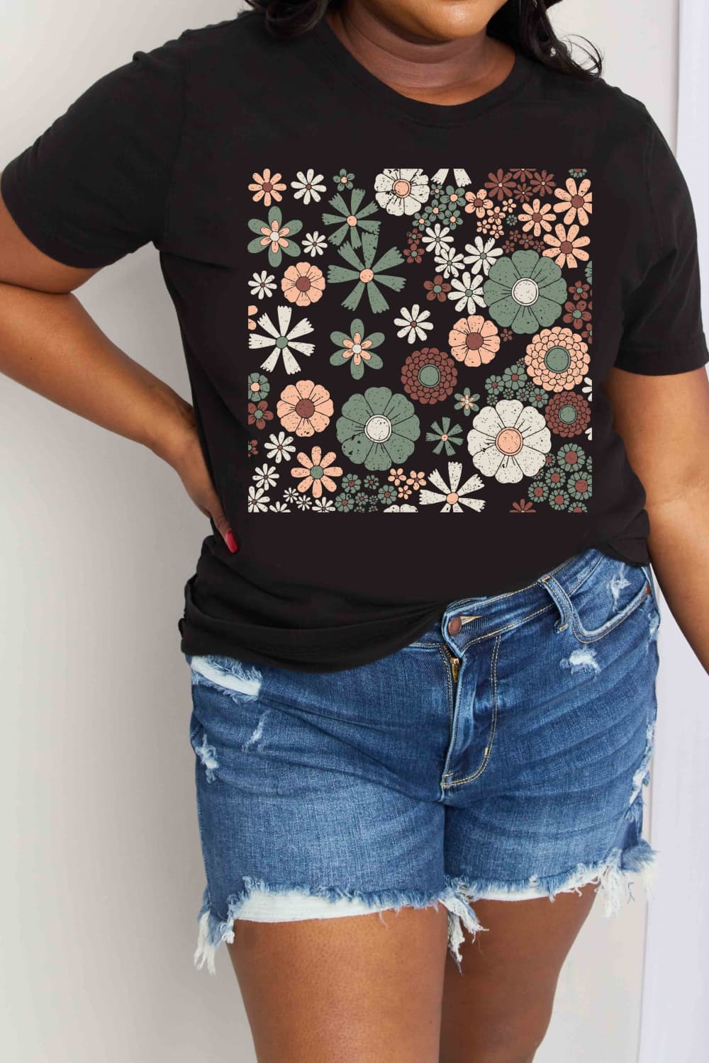 Simply Love Full Size Flower Graphic Cotton Tee - T - 2 COLORS -