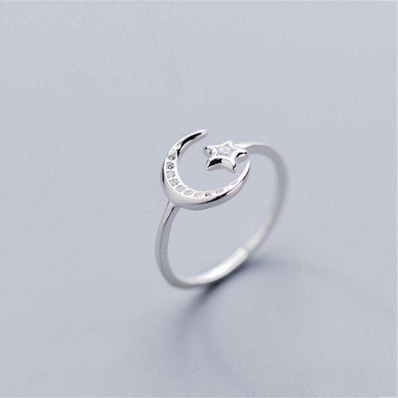 Moon and Star Sterling Silver Adjustable Ring -