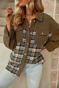 Thumbnail for Plaid Collared Denim Jacket - T - 1 COLOR -