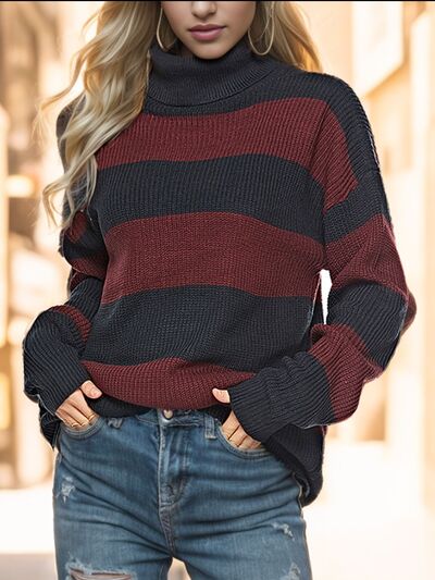 Striped Turtleneck Long Sleeve Sweater - T - 3 COLORS -