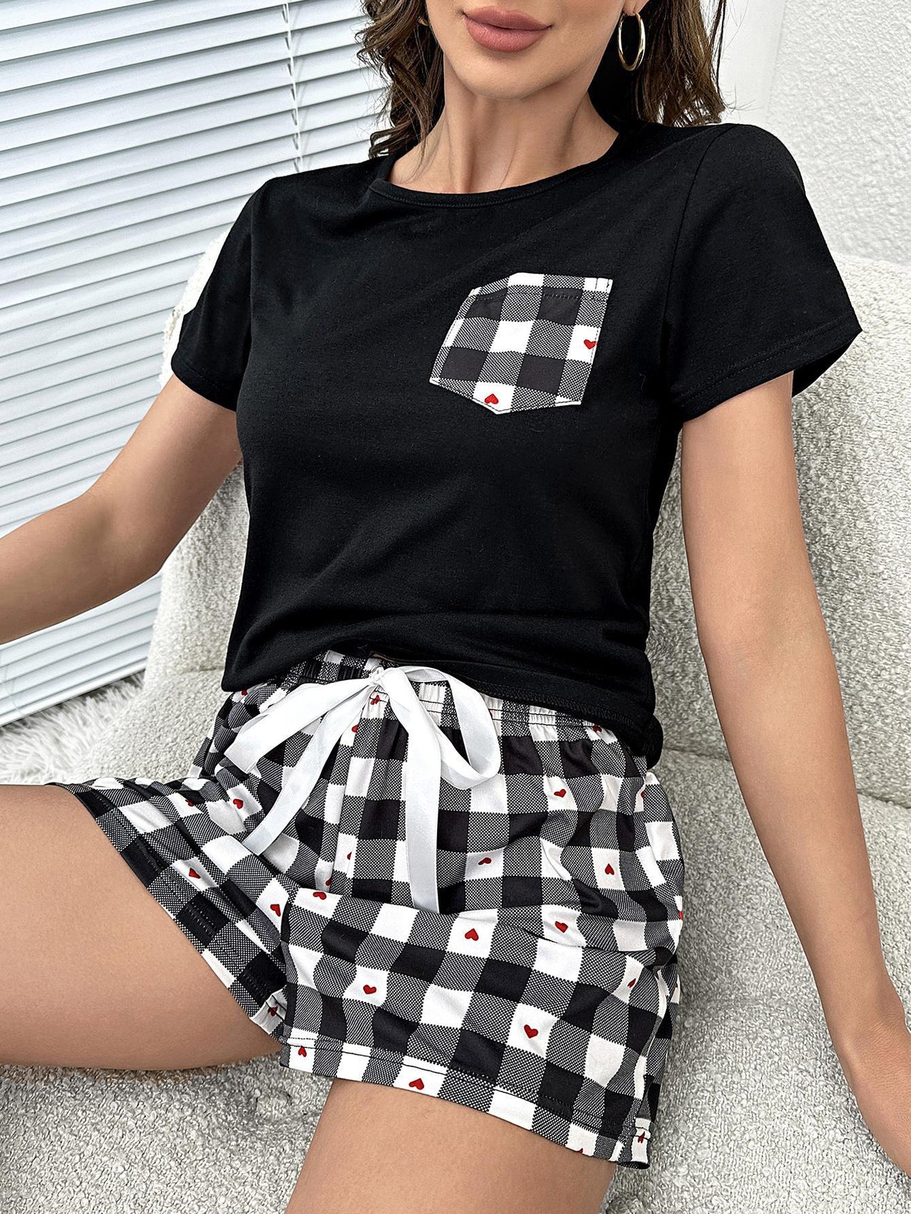 Plaid Heart Top and Shorts Lounge Set - 2 PCS. - T - 1 COLOR -