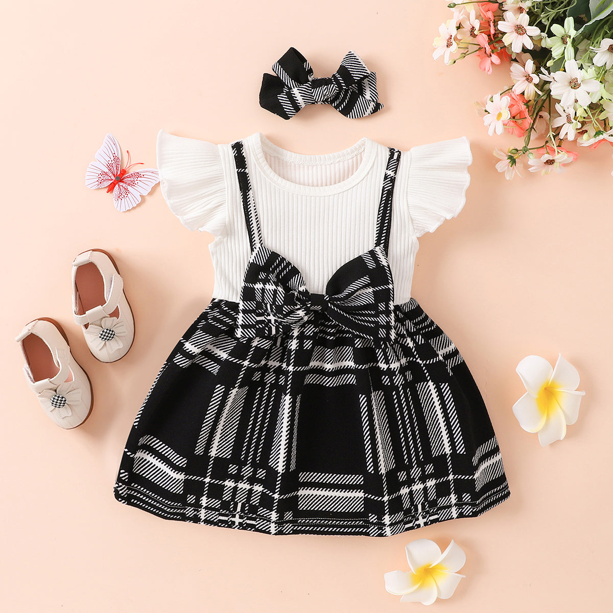 Plaid Print Bow Detail Dress with Headband - 2 PCS - T - 3 COLORS -