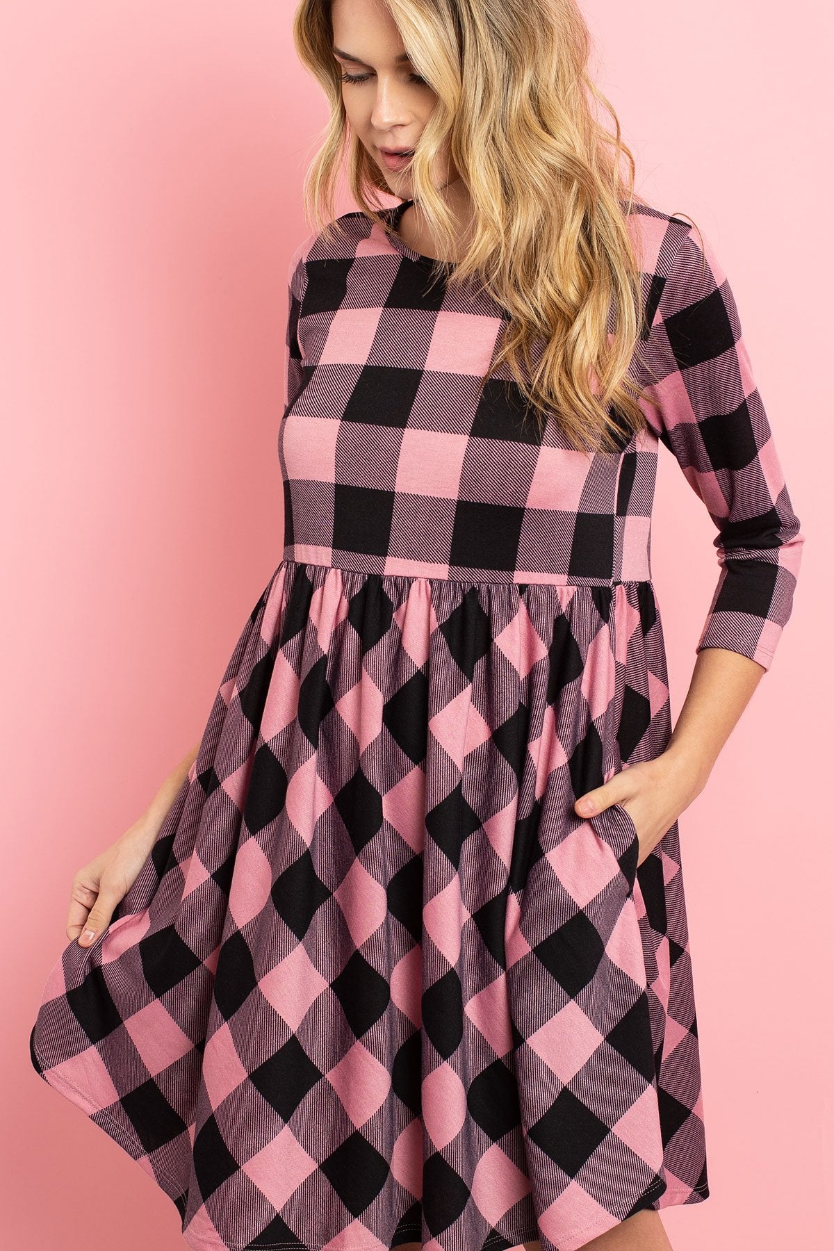 Riah Fashion - Cinch Waist Quarter Sleeves Plaid Dress - 3 COLORS -