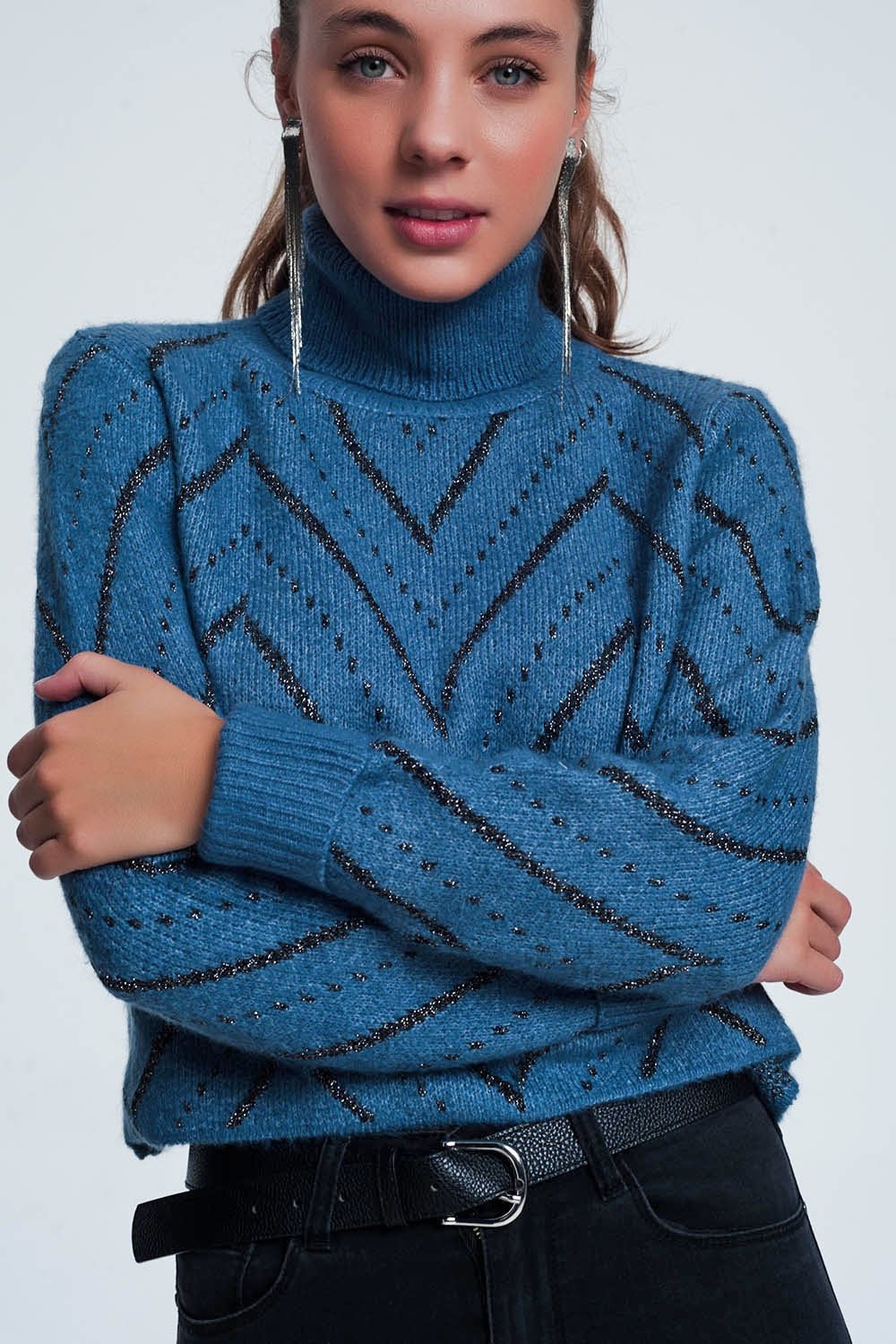 Q2 - Woven Blue Turtleneck Sweater - 1 COLOR -