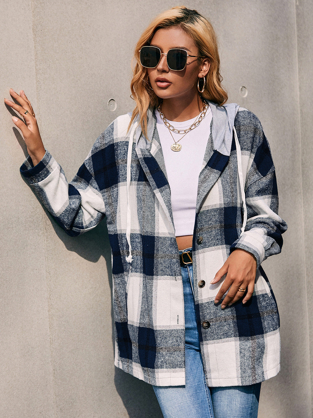 Plaid Dropped Shoulder Hooded Jacket - T - 4 COLORS -