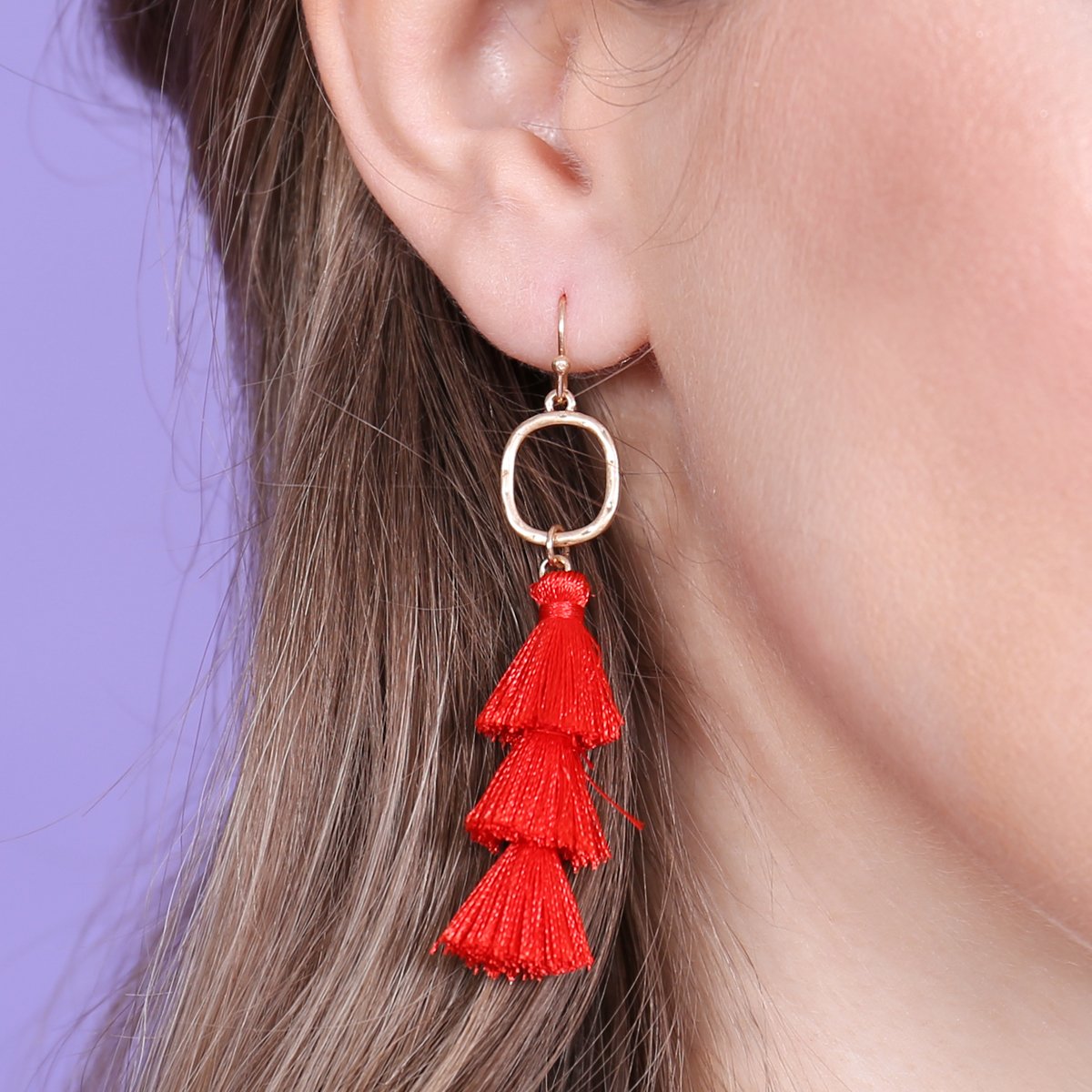 Three Drop Tassel With Metal Hook Earrings - 11 COLORS -