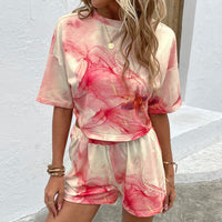 Thumbnail for Printed Round Neck Dropped Shoulder Half Sleeve Top and Shorts Set - T - 2 PCS. - 1 PATTERN -