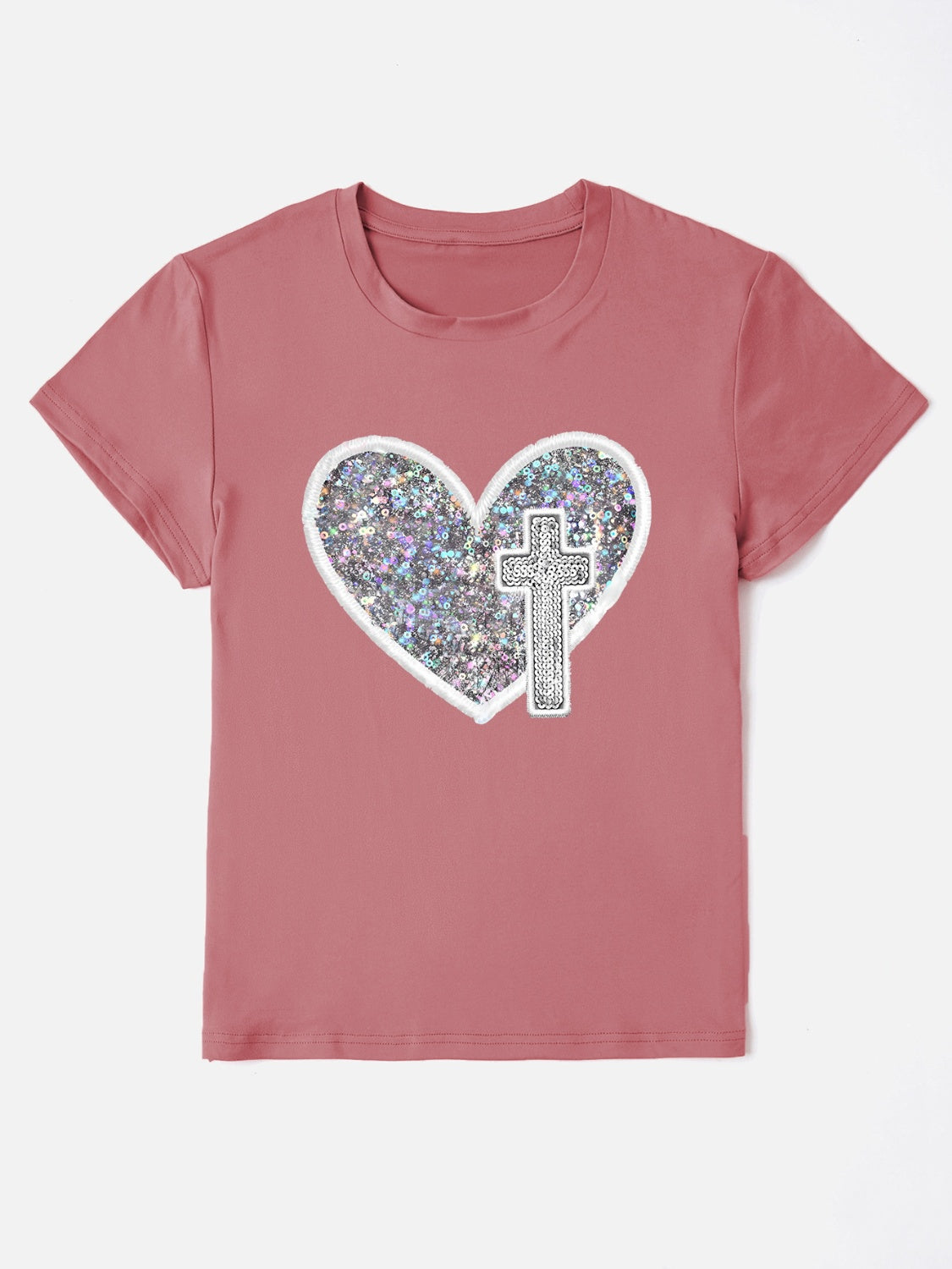 Sequin Heart Round Neck Short Sleeve T-Shirt - T - 7 COLORS -