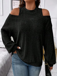 Thumbnail for Round Neck Cold Shoulder Sweater - T - 4 COLORS -