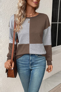 Thumbnail for Textured Color Block Round Neck Sweatshirt - T - 4 COLORS -