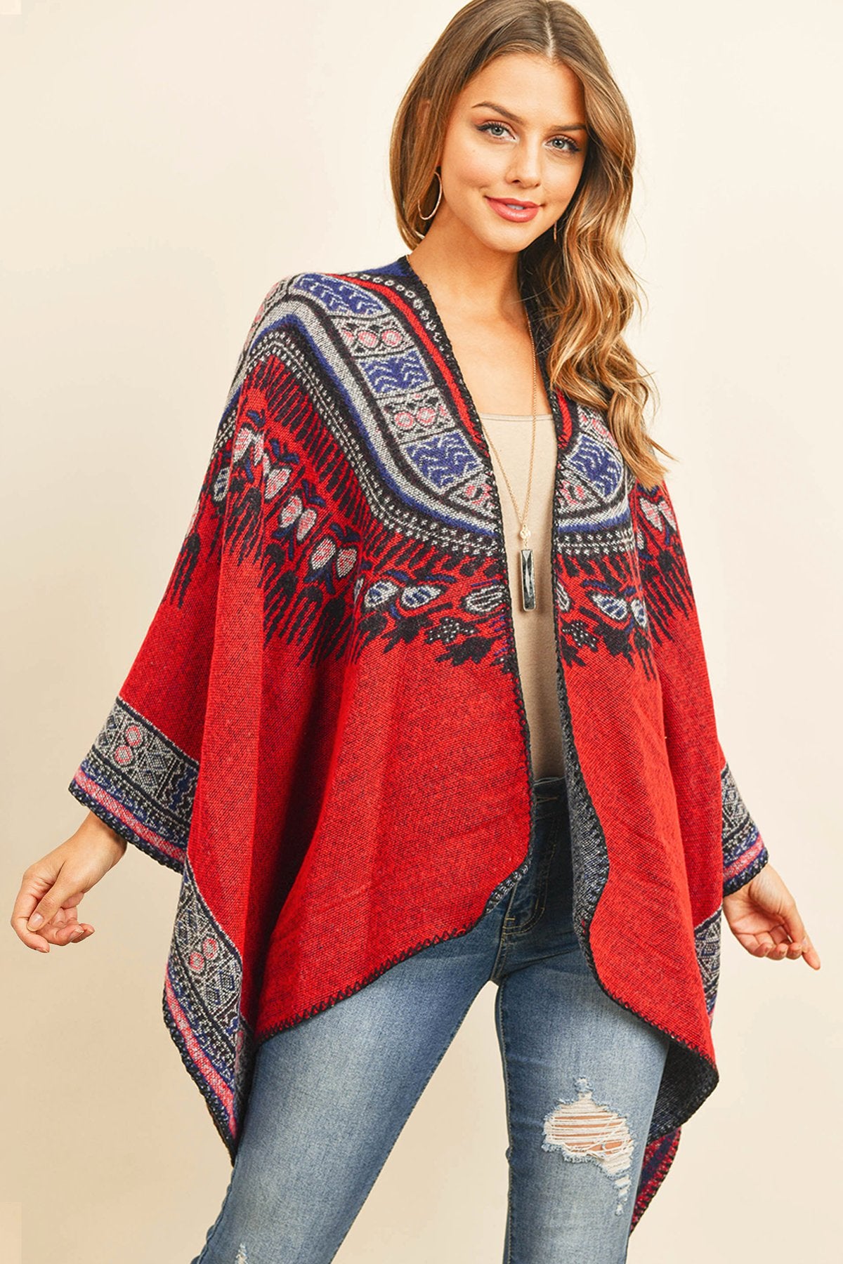 Riah Fashion - Native American Pattern Open Front Kimono - 1 COLOR -