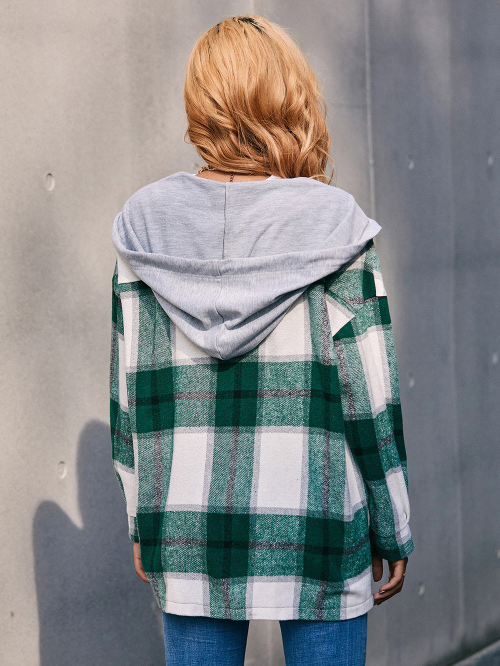 Plaid Dropped Shoulder Hooded Jacket - T - 4 COLORS -