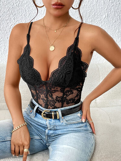 Lace V-Neck Spaghetti Strap Bodysuit - T - 1 COLOR -