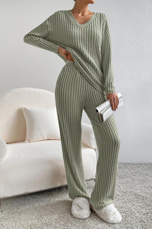 Ribbed V-Neck Top and Pants Set - 2 PCS. - T - 5 COLORS -