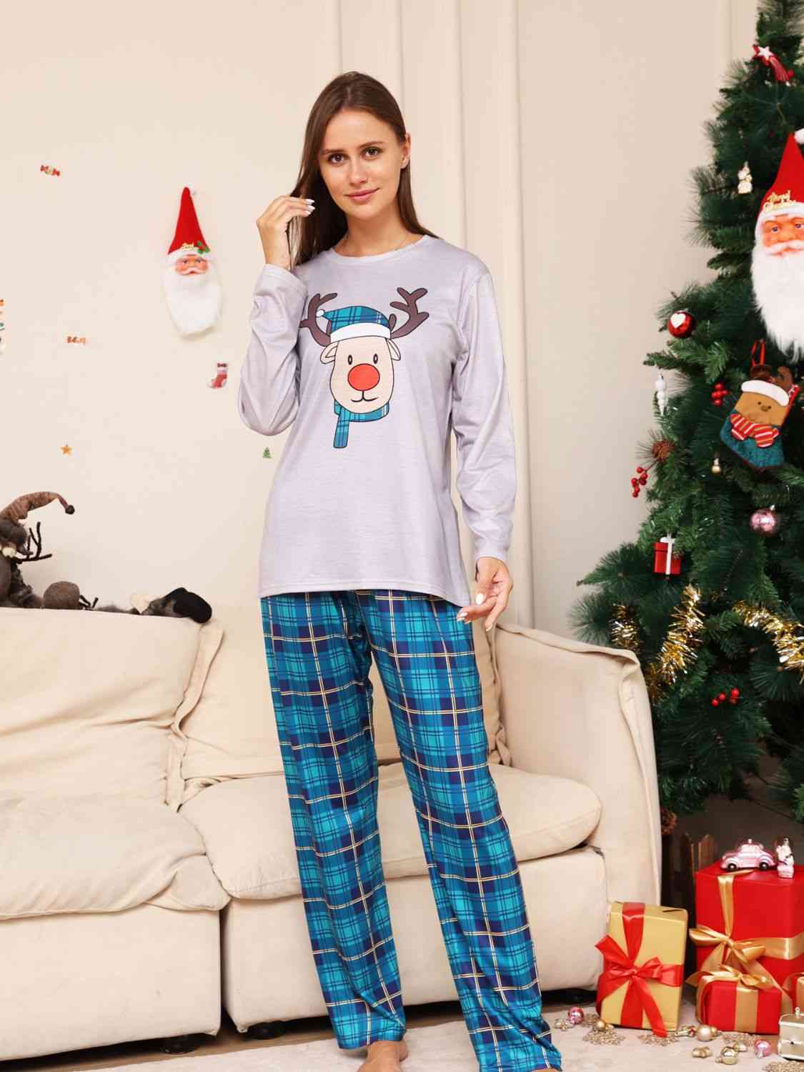 WOMEN Full Size Rudolph Graphic Long Sleeve Top and Plaid Pants Set - T -