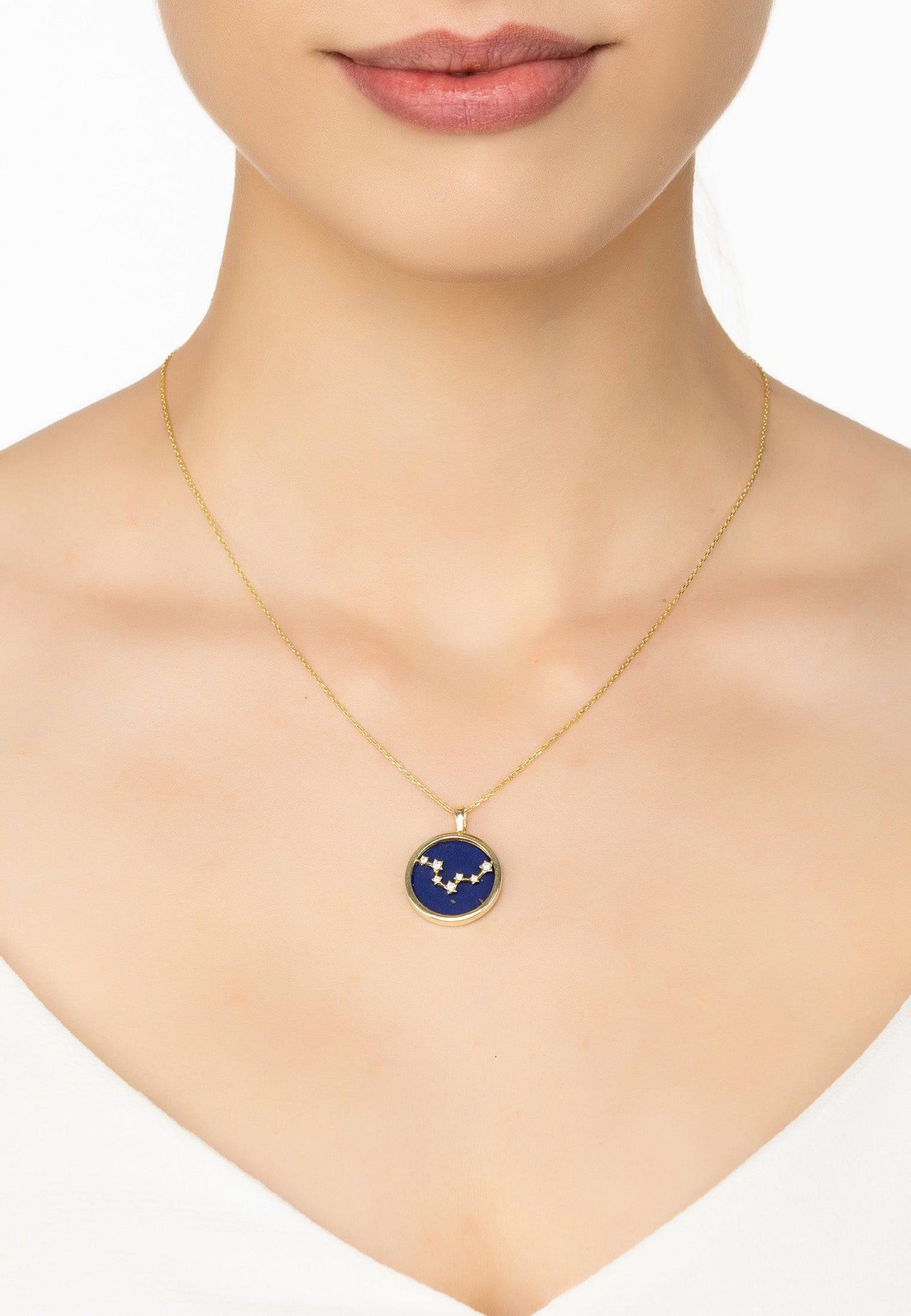 Zodiac Lapis Lazuli Gemstone Star Constellation Pendant Necklace Gold Pisces -