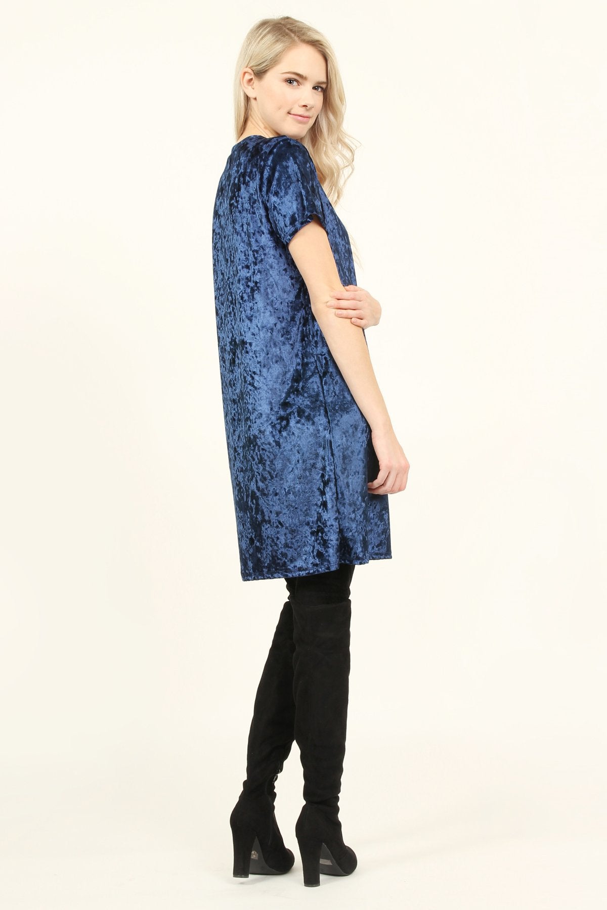 Riah Fashion - Short Sleeve Crushed Velvet Tunic Dress - 11 COLORS -