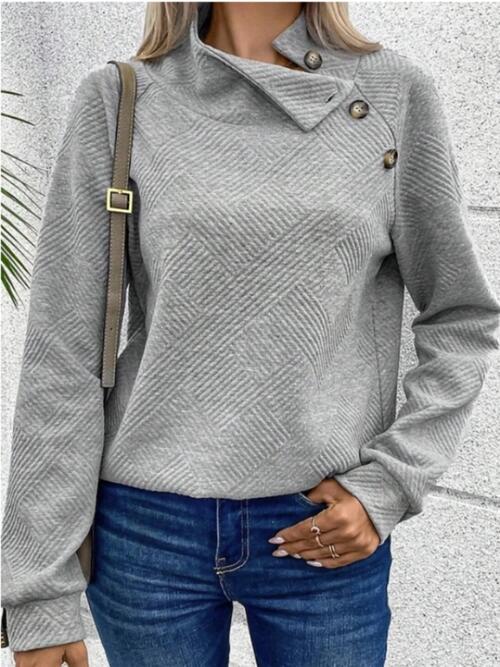 Buttoned Mock Neck Long Sleeve Sweatshirt - T - 3 COLORS -