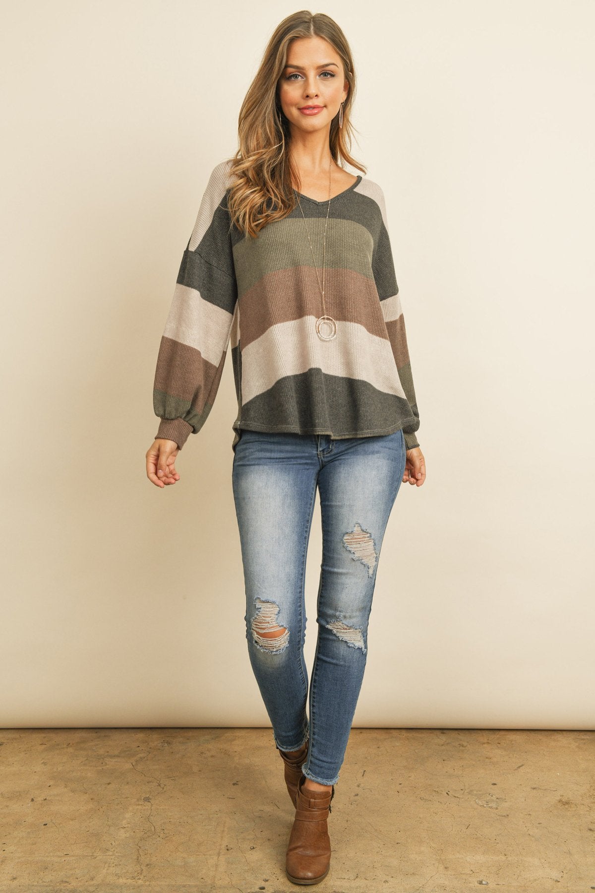 Riah Fashion - Rib Multicolor Stripes V-Neck Puff Sleeves Top - 3 COLORS -