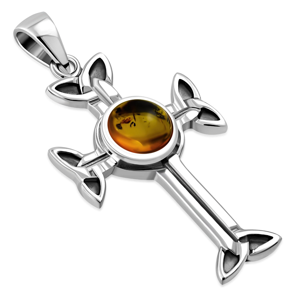 Creidne - Baltic Amber Trinity Knot Cross Silver Pendant -