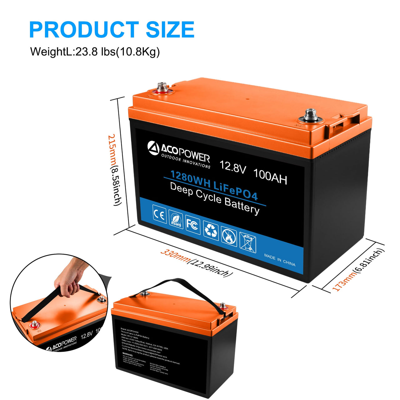 ACOPOWER - 12V 100Ah LiFePO4 Deep Cycle Lithium Battery -