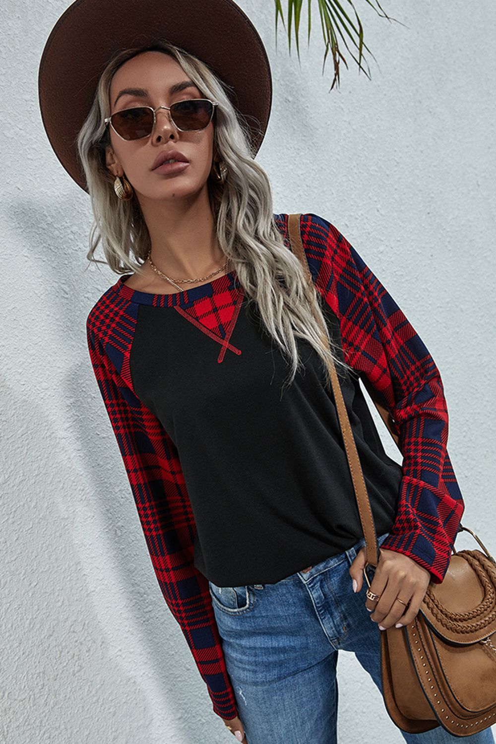 Plaid Print Long Raglan Sleeve Tee - T - 1 COLOR -