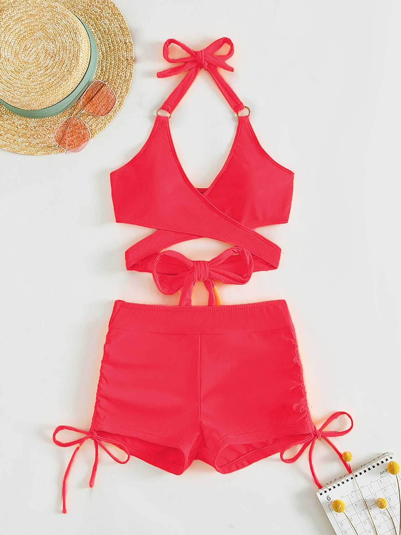 Crisscross Tied Top and Drawstring Shorts Swim Set - T - 4 COLORS -