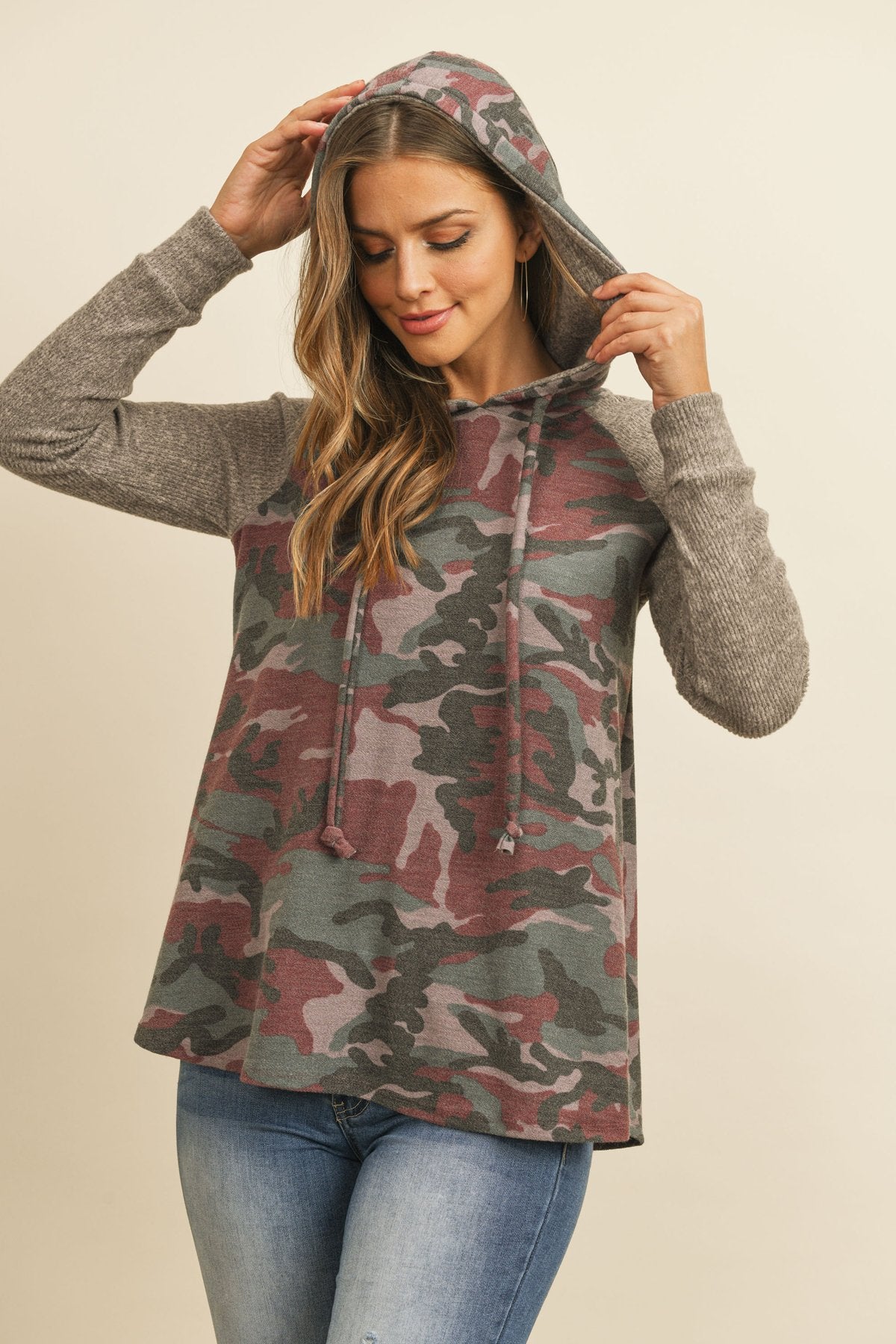 Riah Fashion - Self Tie Rib Hacci Brushed Sleeve Camouflage Hoodie - 2 CAMOS -