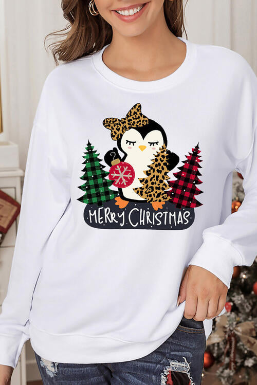 Penguin Graphic Round Neck Long Sleeve T-Shirt - T - 1 COLOR -