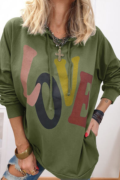 LOVE Drawstring Dropped Shoulder Hoodie - T - 1 COLOR -